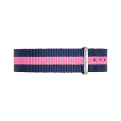 Navy blue and pink striped NATO watch strap made from durable polyester, featuring a polished silver buckle and an adjustable fit, designed for 36mm dial watches.