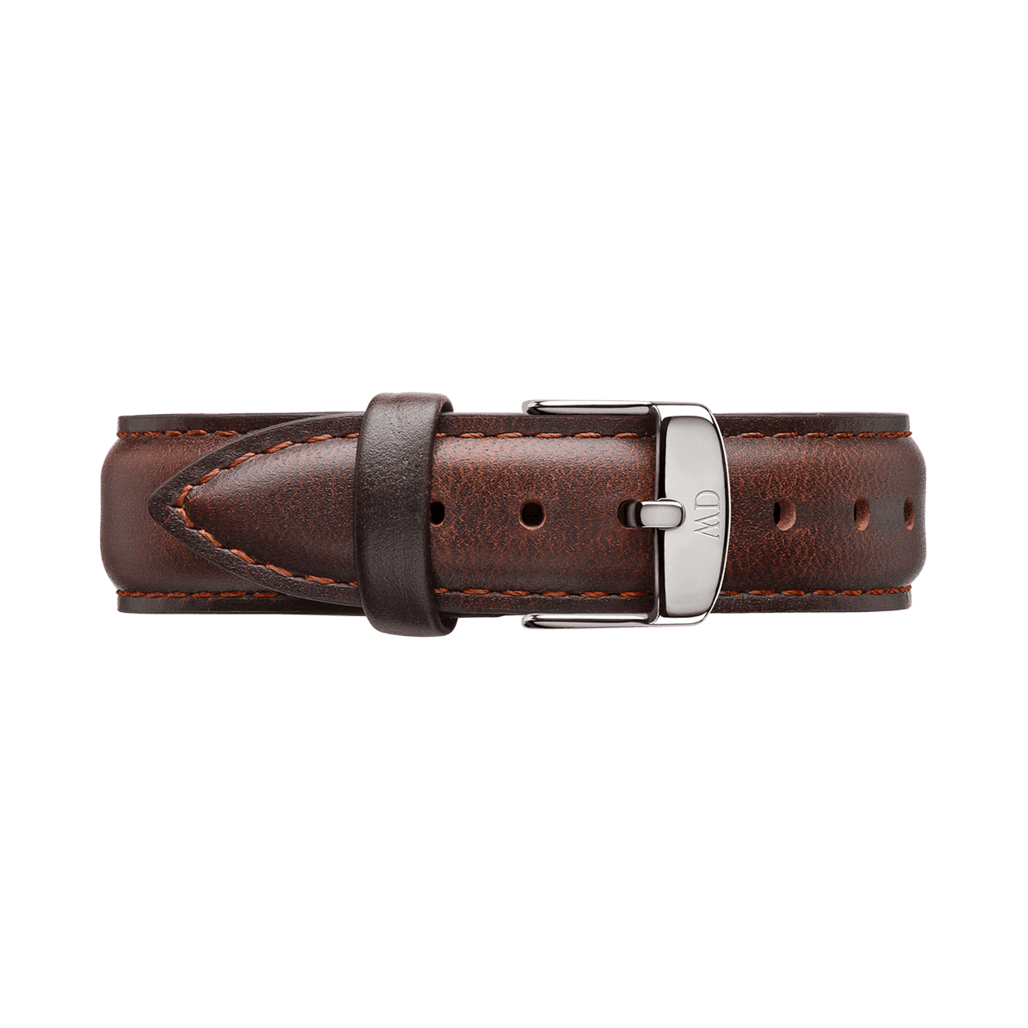 Bristol Strap Silver crafted from dark brown leather with contrast stitching and a polished silver buckle, designed to fit Daniel Wellington watches for a refined, timeless look.