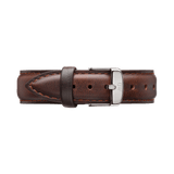 Bristol Strap Silver crafted from dark brown leather with contrast stitching and a polished silver buckle, designed to fit Daniel Wellington watches for a refined, timeless look.