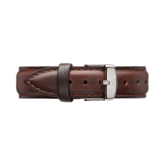 Bristol Strap Silver crafted from dark brown leather with contrast stitching and a polished silver buckle, designed to fit Daniel Wellington watches for a refined, timeless look.