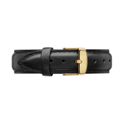 Sheffield Strap Gold featuring genuine black leather with fine stitching and a polished gold-tone buckle, designed for a refined and versatile watch upgrade.