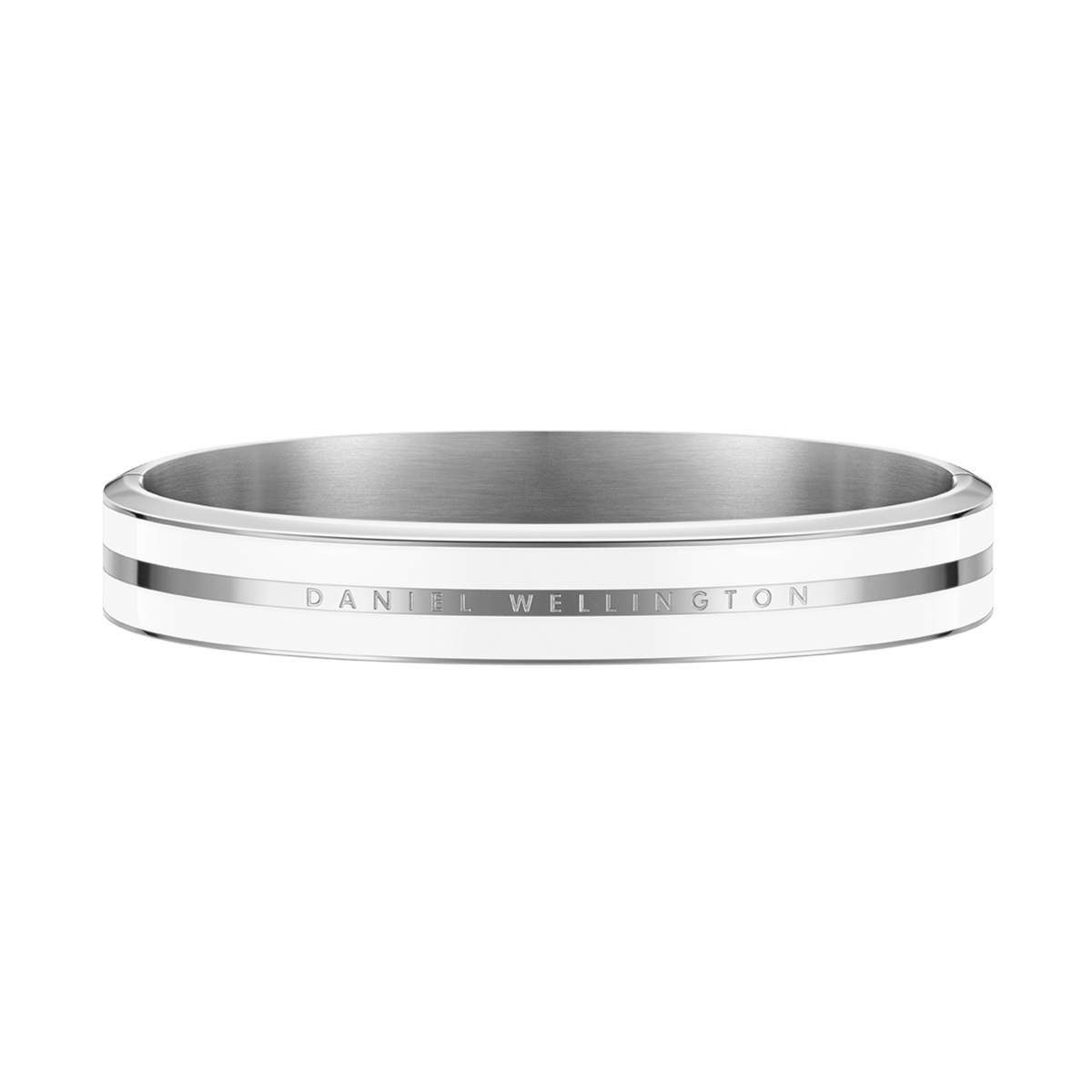 Polished silver bangle bracelet with a satin white enamel accent and Daniel Wellington engraving along the edge.
