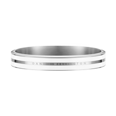 Polished silver bangle bracelet with a satin white enamel accent and Daniel Wellington engraving along the edge.