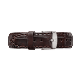 York Strap Silver dark brown croc-embossed leather watch band with polished silver buckle, ideal for 32mm Daniel Wellington watches.