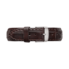 York Strap Silver dark brown croc-embossed leather watch band with polished silver buckle, ideal for 32mm Daniel Wellington watches.