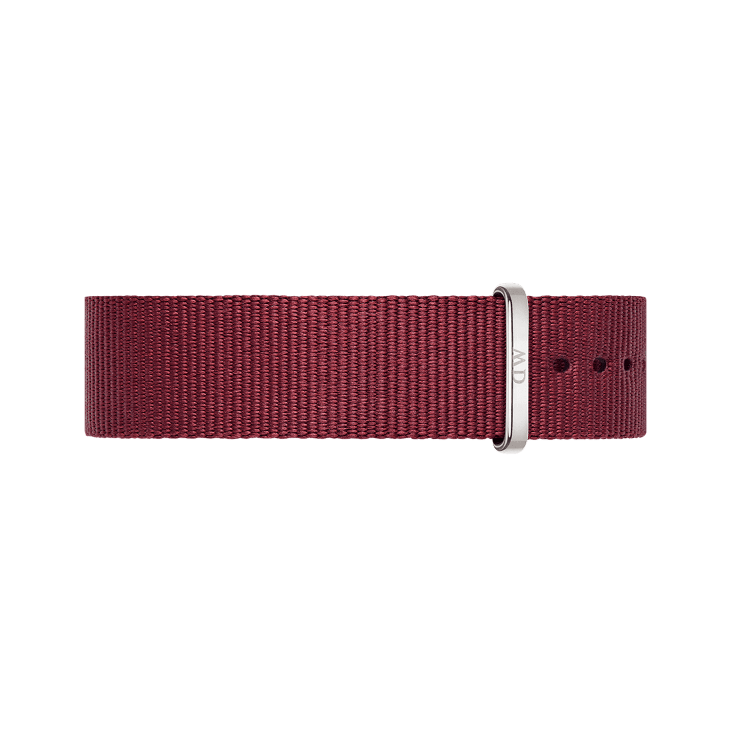 Ruby red Daniel Wellington Roselyn NATO watch strap with polished silver buckle and DW engraving, durable polyester band.