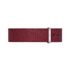 Ruby red Daniel Wellington Roselyn NATO watch strap with polished silver buckle and DW engraving, durable polyester band.