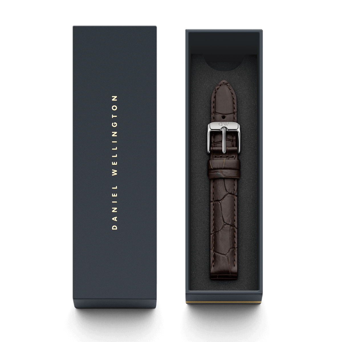 York Strap Silver brown croc-embossed leather watch strap with silver buckle, presented in Daniel Wellington gift box.