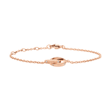 Rose gold bracelet with two intertwined rings set with crystals and subtle logotype etchings, featuring a delicate adjustable chain.