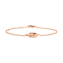 Rose gold bracelet with two intertwined rings set with crystals and subtle logotype etchings, featuring a delicate adjustable chain.