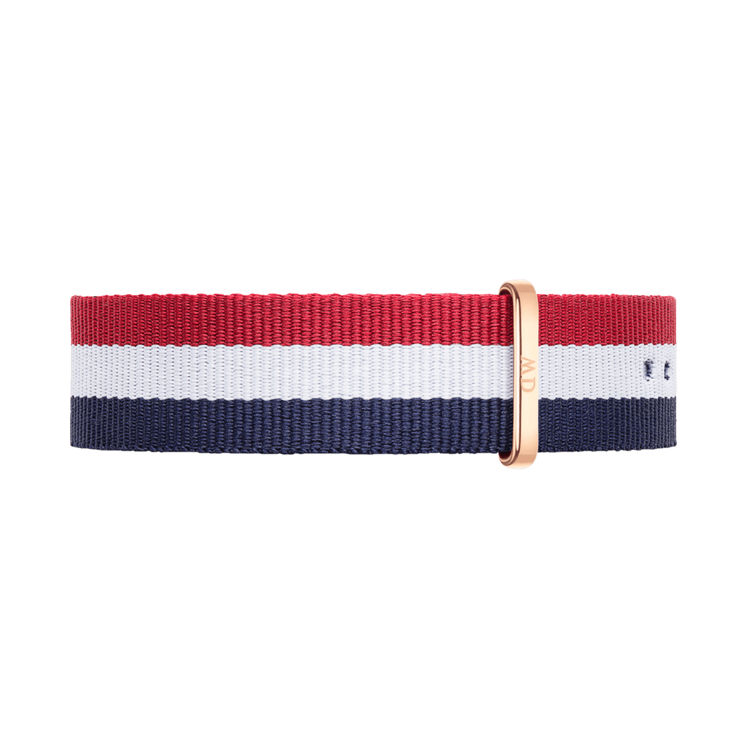 Nato-style watch strap in deep navy, white, and red stripes, finished with a rose gold buckle for a refined, modern look. The high-quality polyester material offers both durability and comfort, ideal for daily wear.