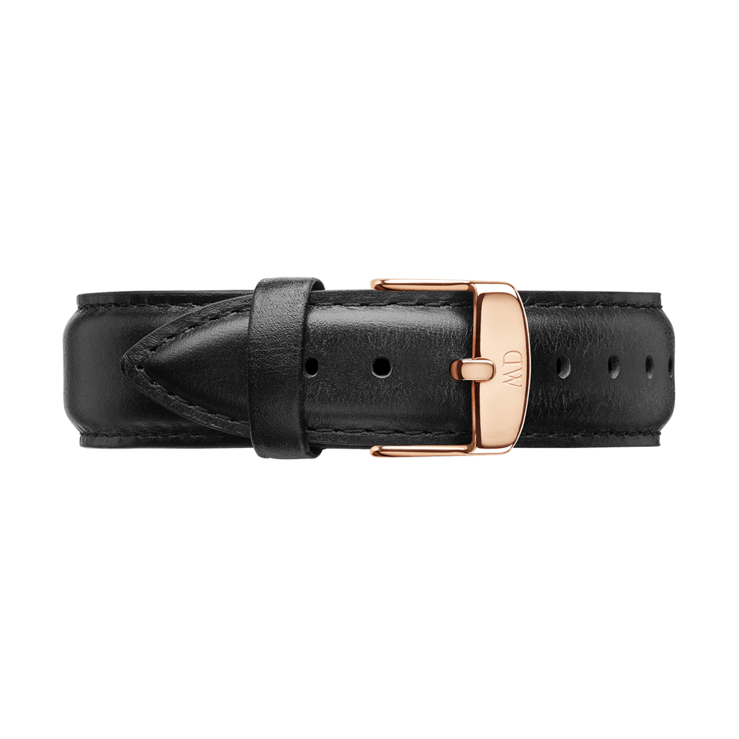 Sheffield Strap Rose Gold XL features supple black leather with fine stitching and a polished rose gold buckle, designed to elevate any Daniel Wellington watch.