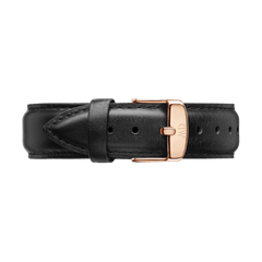 Sheffield Strap Rose Gold XL features supple black leather with fine stitching and a polished rose gold buckle, designed to elevate any Daniel Wellington watch.