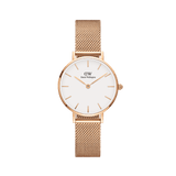 Petite Melrose women’s watch in rose gold with a mesh strap, minimalist white dial, and slim hour markers by Daniel Wellington.