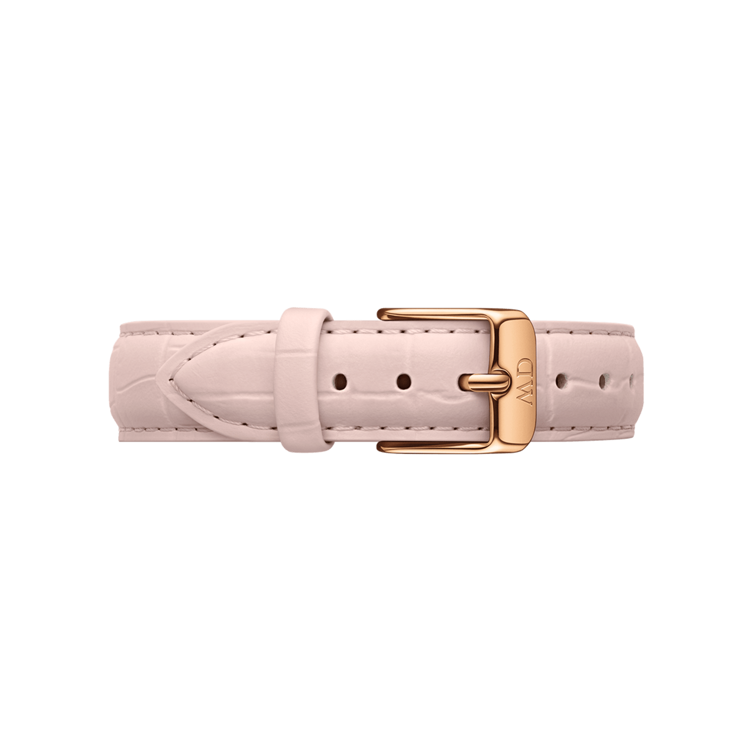 Blush pink croc embossed Italian leather watch strap with a slim profile, featuring a polished rose gold buckle engraved with the Daniel Wellington logo.