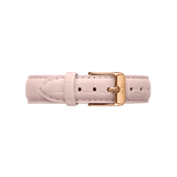 Blush pink croc embossed Italian leather watch strap with a slim profile, featuring a polished rose gold buckle engraved with the Daniel Wellington logo.
