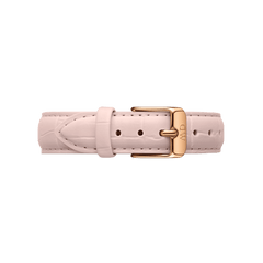 Blush pink croc embossed Italian leather watch strap with a slim profile, featuring a polished rose gold buckle engraved with the Daniel Wellington logo.