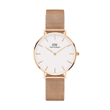 Daniel Wellington Petite Melrose women’s watch with rose gold mesh strap and minimalist eggshell white dial.