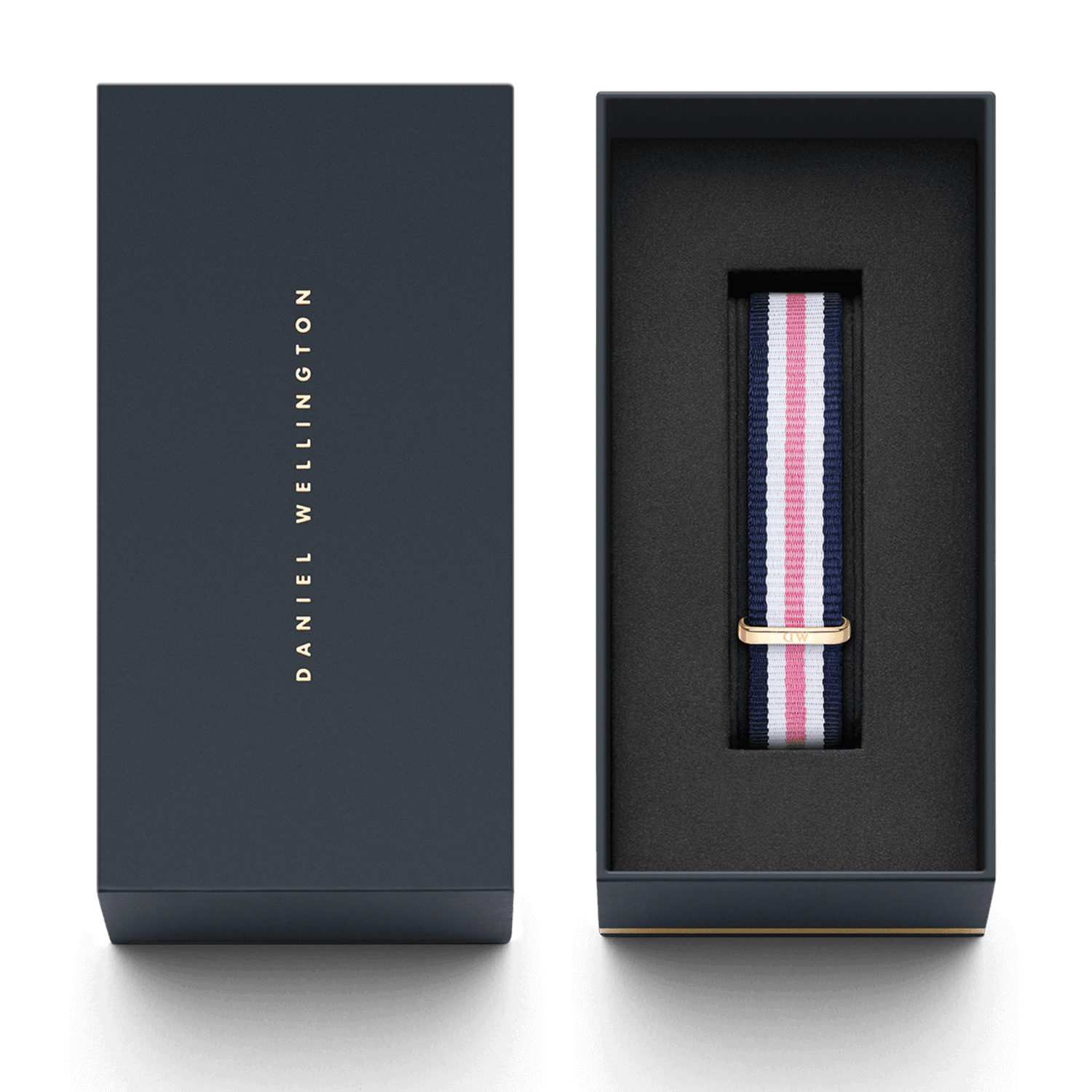 Southampton Strap Rose Gold with navy, white, and pink stripes, presented in a sleek Daniel Wellington gift box with rose gold hardware.