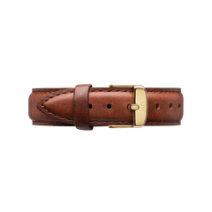 Brown genuine leather watch strap with meticulous stitching, featuring a polished gold buckle engraved with subtle branding, designed for a classic and refined look.