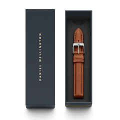 Durham Strap Silver light brown leather watch strap with silver buckle, presented in Daniel Wellington gift box packaging.