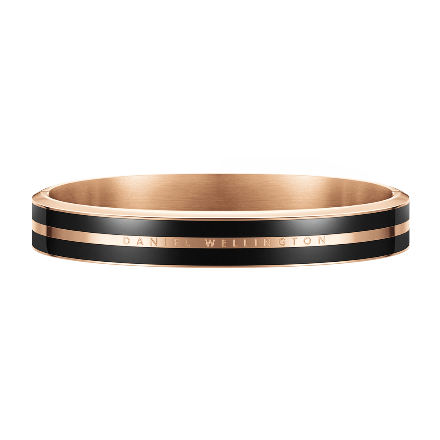 Rose gold and black enamel Daniel Wellington Emalie Infinite bangle with dual enamel ribbons, polished finish, and subtle brand engraving.