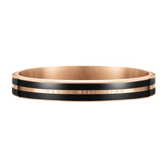 Rose gold and black enamel Daniel Wellington Emalie Infinite bangle with dual enamel ribbons, polished finish, and subtle brand engraving.