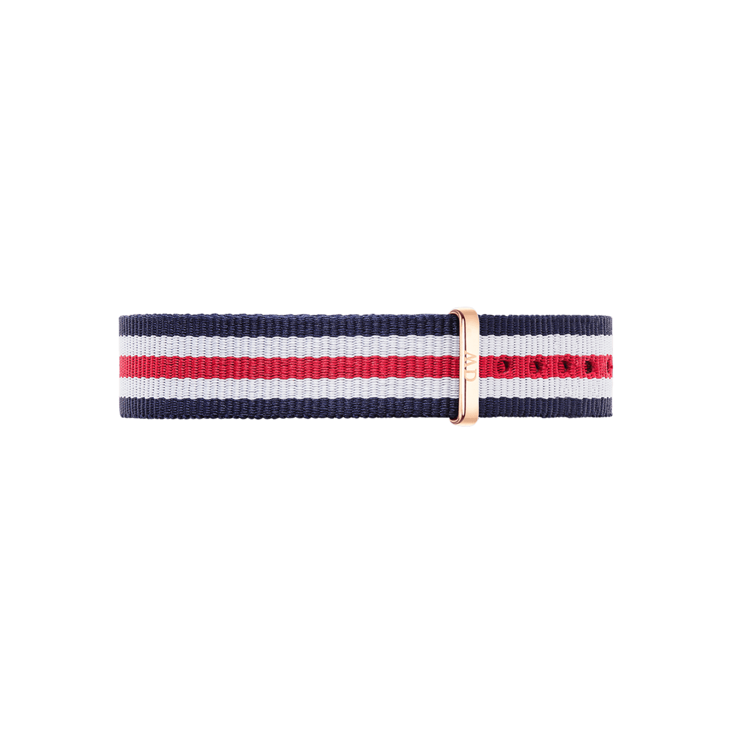 Daniel Wellington Canterbury Strap Rose Gold featuring navy, white, and red stripes with a sleek rose gold buckle, crafted from durable polyester for a classic and versatile watch upgrade.