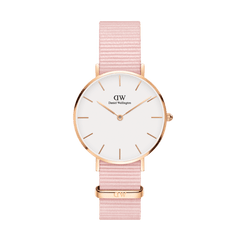 Rose gold women’s watch with a slim case, minimalist white dial, and a soft pink NATO fabric strap.