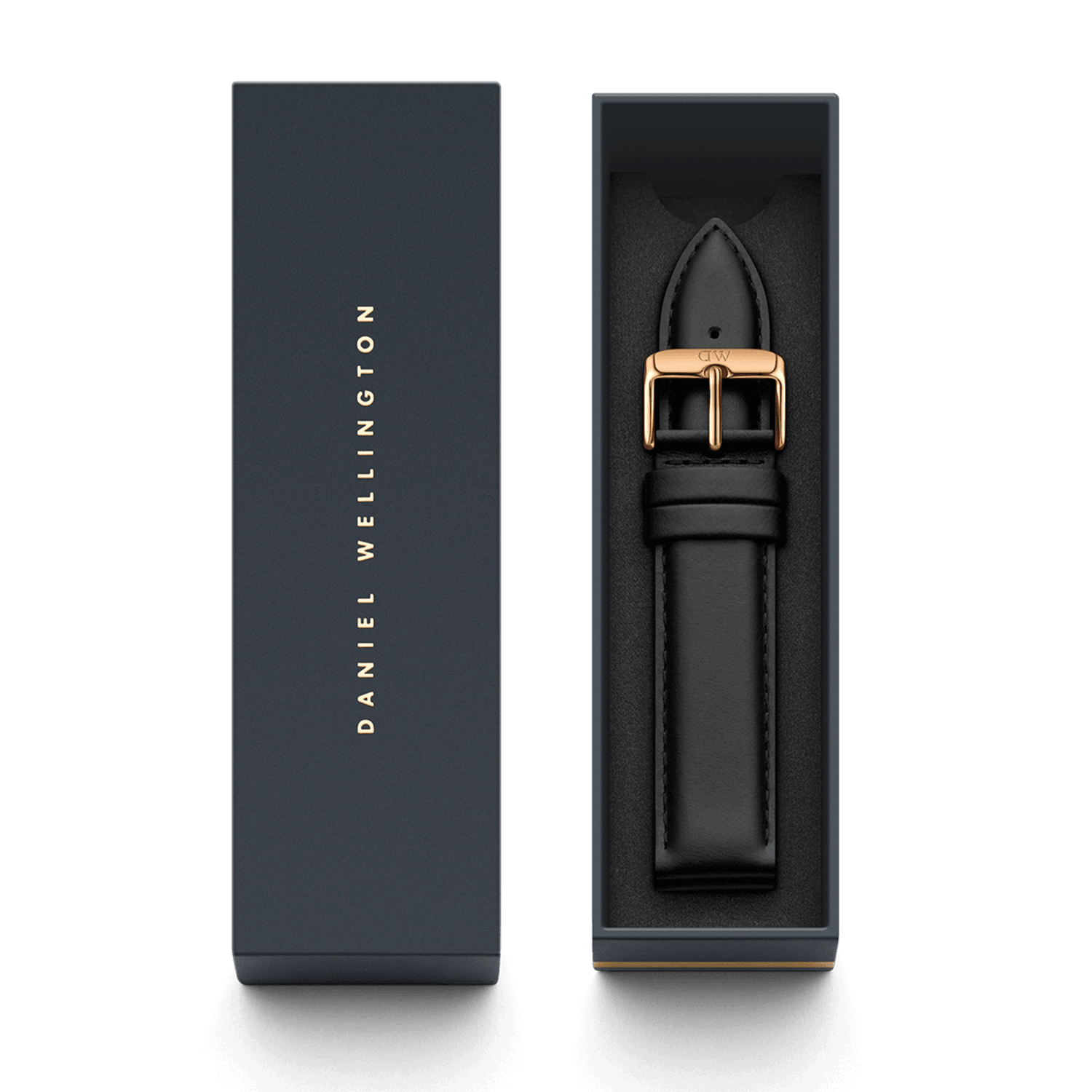 Sheffield Strap Rose Gold XL presented in a Daniel Wellington gift box, featuring smooth black leather and a polished rose gold buckle for a refined, timeless look.