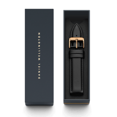 Sheffield Strap Rose Gold XL presented in a Daniel Wellington gift box, featuring smooth black leather and a polished rose gold buckle for a refined, timeless look.
