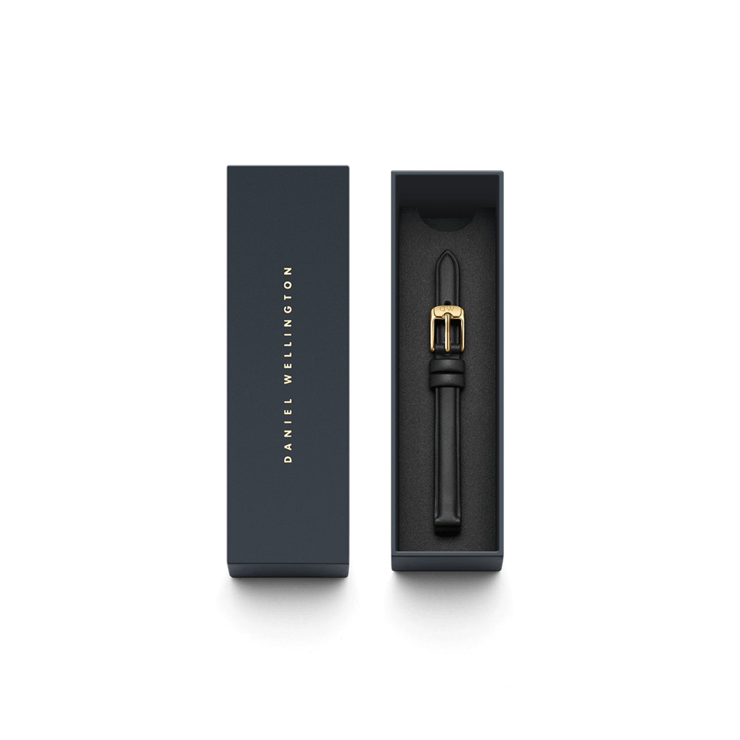 Pressed Sheffield Strap Gold displayed in a sleek navy Daniel Wellington box, featuring a slim black leather watch strap with a polished gold buckle and minimalist detailing.
