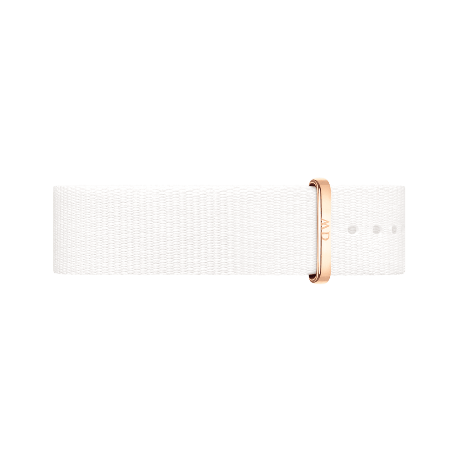 White polyester nato watch strap featuring a polished rose gold buckle, designed for Daniel Wellington timepieces and offering a minimalist, elegant look.
