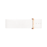 White polyester nato watch strap featuring a polished rose gold buckle, designed for Daniel Wellington timepieces and offering a minimalist, elegant look.