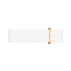 White polyester nato watch strap featuring a polished rose gold buckle, designed for Daniel Wellington timepieces and offering a minimalist, elegant look.