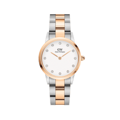Daniel Wellington Iconic Link Lumine watch with an eggshell white dial, crystal hour markers, and a polished two-tone stainless steel bracelet featuring rose gold-plated highlights.