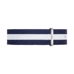 Navy and white striped NATO watch strap made from durable polyester, featuring a polished silver buckle and a sleek, modern design.