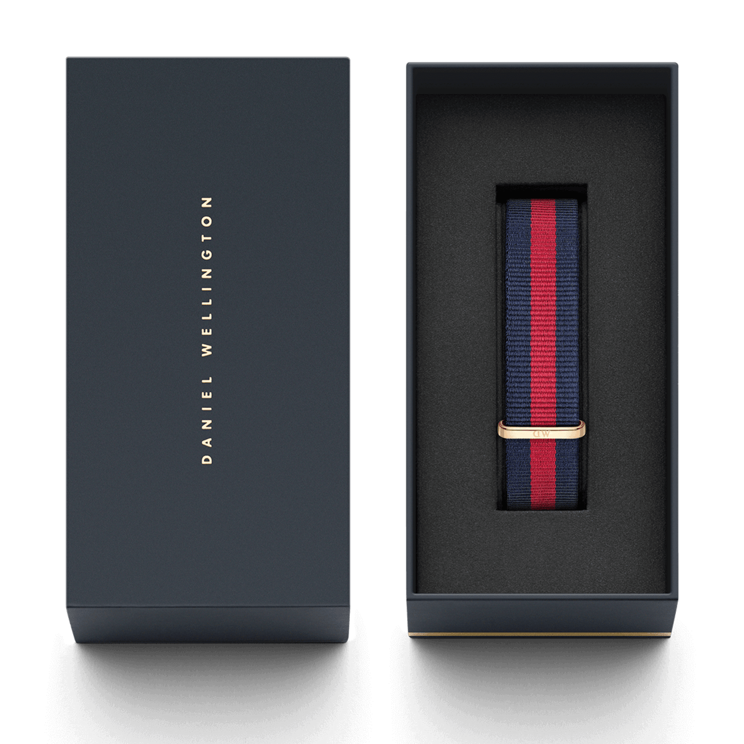 Oxford Strap Rose Gold nato watch strap with a navy and red stripe and rose gold buckle, elegantly presented in a dark Daniel Wellington gift box.