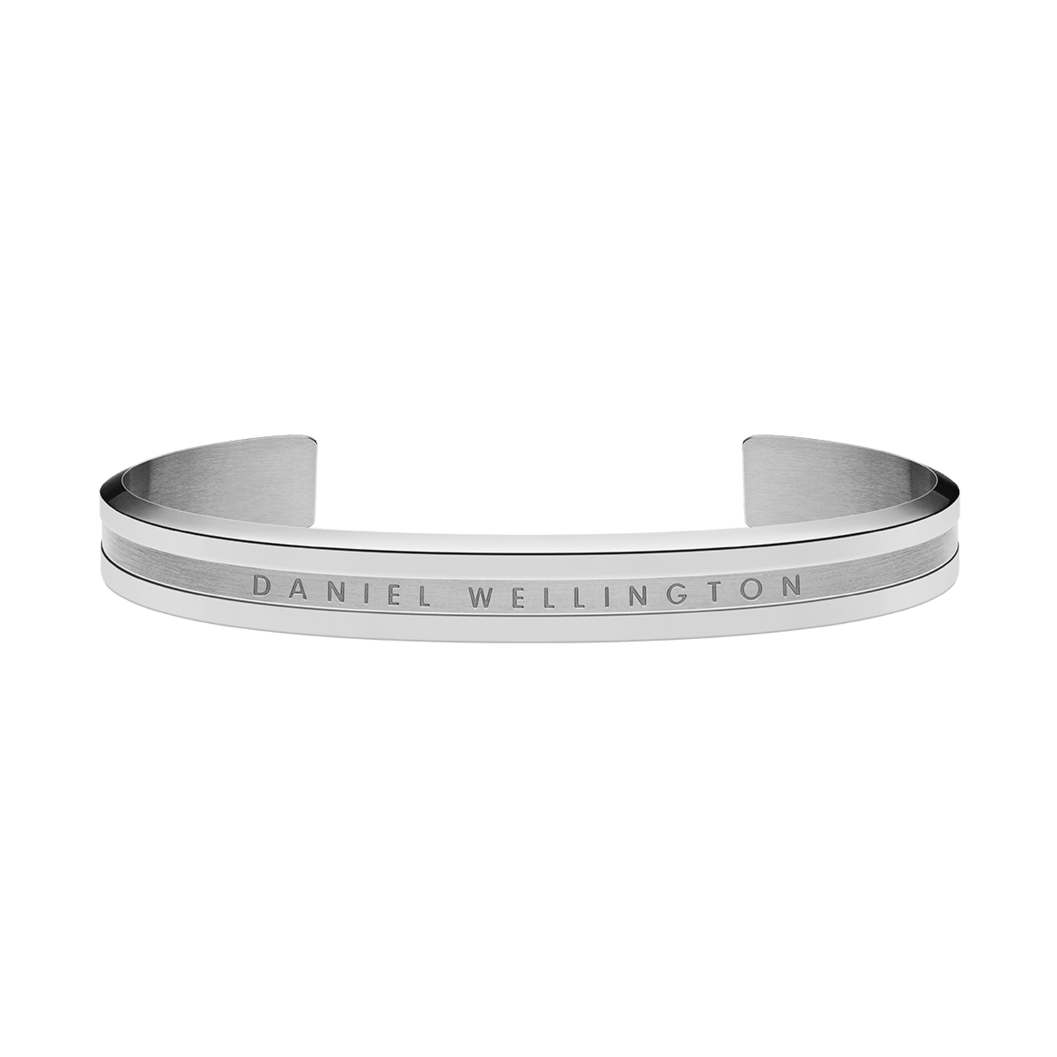Sleek silver Daniel Wellington cuff bracelet with a polished finish, brushed centre detail, and engraved logo on the front.