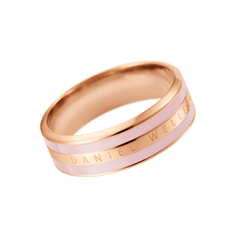 Rose gold ring with a smooth band, featuring a cherry blossom pink enamel inlay and the Daniel Wellington logo engraved on the outer surface. The design combines elegant rose gold tones with subtle pastel accents for a refined, modern look.