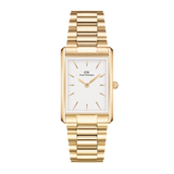 Rectangular gold women’s watch with a three-link bracelet, white minimalist dial, and gold-tone markers and hands.
