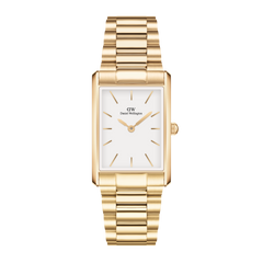 Rectangular gold women’s watch with a three-link bracelet, white minimalist dial, and gold-tone markers and hands.