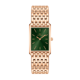 Rectangular rose gold women’s watch with a 9-link bracelet and an emerald green sunray dial featuring minimalist hour markers.