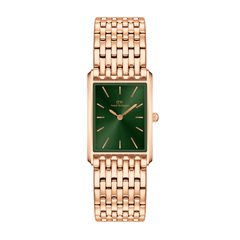 Rectangular rose gold women’s watch with a 9-link bracelet and an emerald green sunray dial featuring minimalist hour markers.