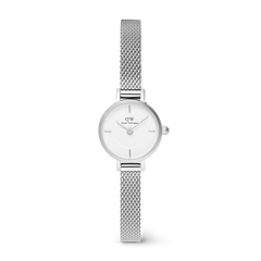 Petite Mini Sterling women’s silver watch with 19mm round case, minimalist white dial, and fine mesh stainless steel strap.