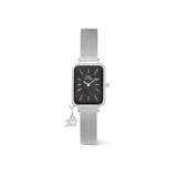 Quadro Crystal Zodiac Sterling Set featuring a rectangular silver watch with a crystal-set bezel, black mother of pearl dial, silver mesh strap, and a zodiac-inspired crystal charm.