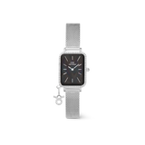 Rectangular silver women’s watch with a crystal-set bezel, black mother of pearl dial, and a silver mesh strap finished with a zodiac-inspired crystal charm.