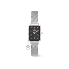 Rectangular silver women’s watch with a crystal-set bezel, black mother of pearl dial, and a silver mesh strap finished with a zodiac-inspired crystal charm.