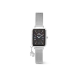 Contemporary women’s silver watch with a rectangular crystal-set bezel, black mother of pearl dial, and a silver mesh strap adorned with a sparkling zodiac charm.