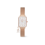 Rose gold rectangular women’s watch with a crystal-set bezel, white mother of pearl dial, and a matching mesh strap, featuring an interchangeable Gemini zodiac charm hanging from the band.